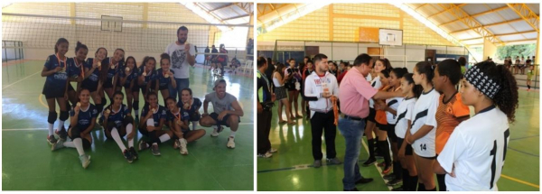 Foto 1: Vitória da Equipe de Vôlei Módulo I      Foto 2: Prefeito Marco Aurélio entregando medalhas para as jogadoras do modulo I do Futsal