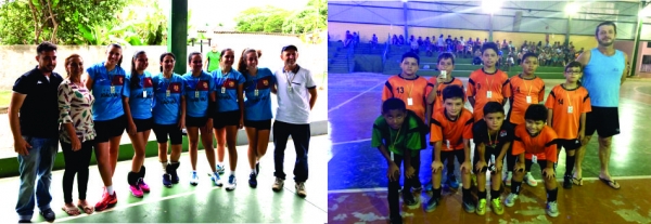 Equipe campeã de voleibol feminino e Equipe Criciúma, campeã do futsal sub 12, respectivamente.