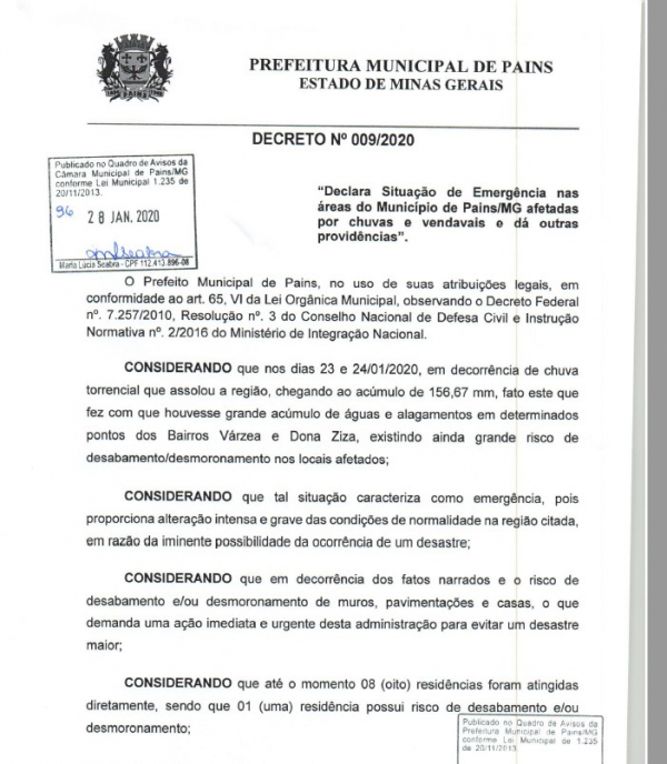 Prefeitura de Pains decreta situação de emergência