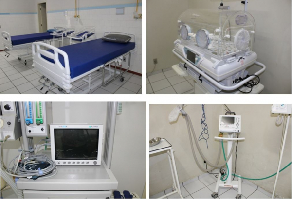 Alguns dos matérias novos que chegaram - Foto1:Camas  / Foto2: Incubadora de transporte neonatal / Foto3: Monitor multiparâmetros / Foto4: Ventilador pulmonar