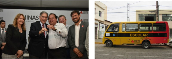 Foto1: O Prefeito Marco Aurélio recebendo a chave do ônibus das mãos do Governador Fernando Pimentel / Foto2: Ônibus escolar doado ao Município 